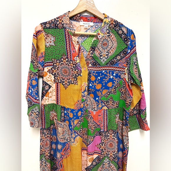 Zoey & Leelo Colorful Ruffled Bottom Rayon Dress 3/4 Sleeves Size S NWOT - Picture 2 of 8